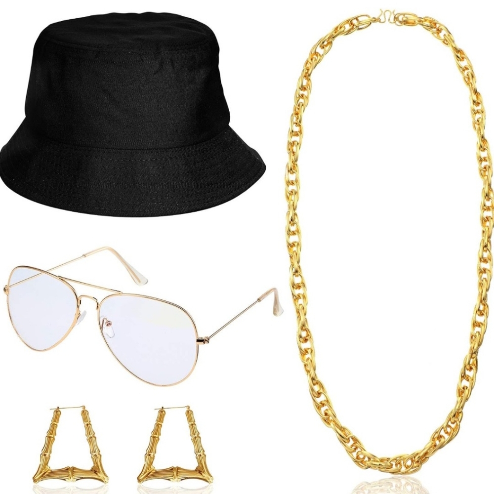 Chic Women's Black Bucket Hat With Earrings, Necklace, and Glasses